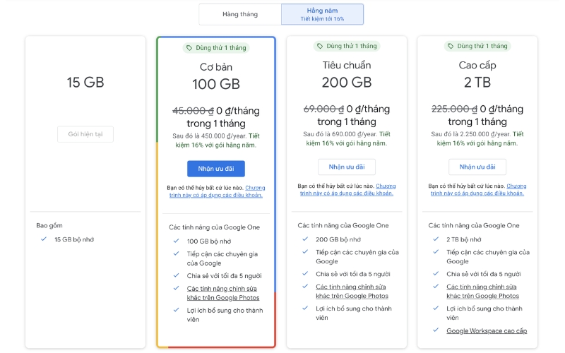 các gói đăng ký dịch vụ Google One
