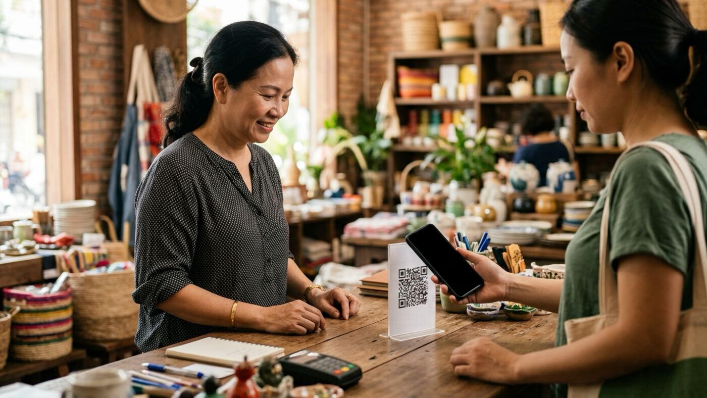 Khách quét mã thanh toán tại quầy tìm hiểu VietQR là gì